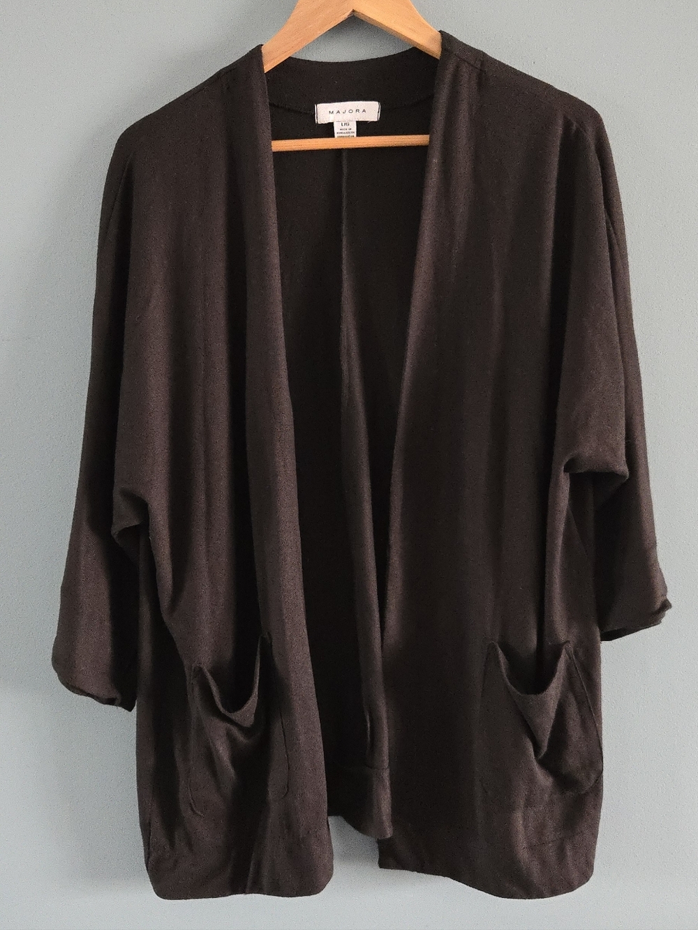 3/4 Sleeve Black Open Cardigan with Pockets